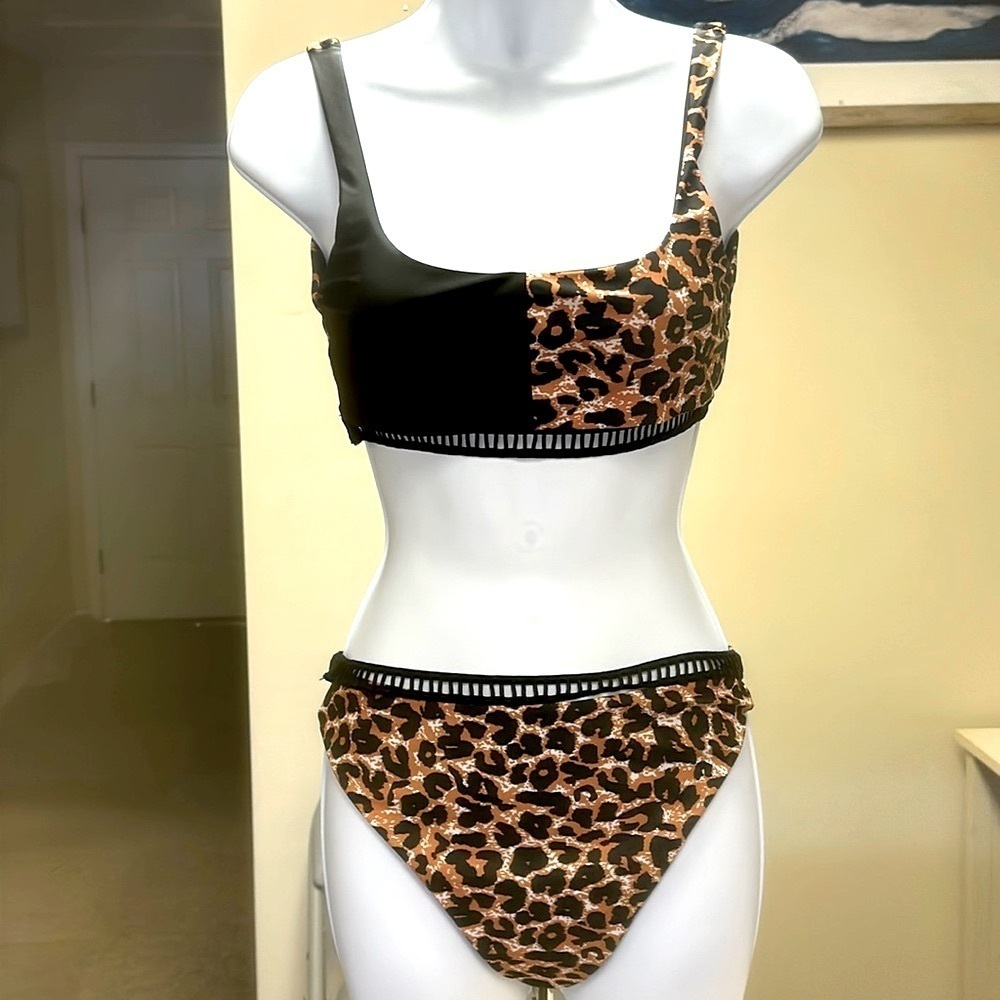 Two Tone Leopard Print Hi Waist  Two Piece Bikini
